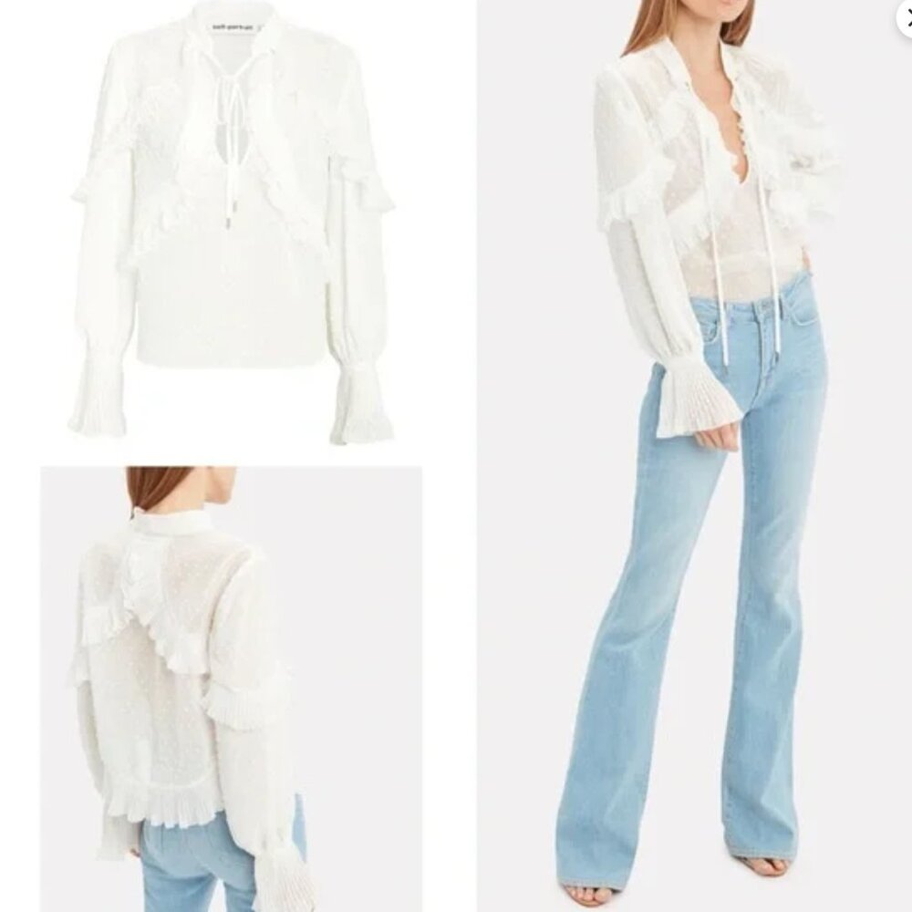 Self Portrait Plumetis Frilled Lace Blouse Top w Tie EUC